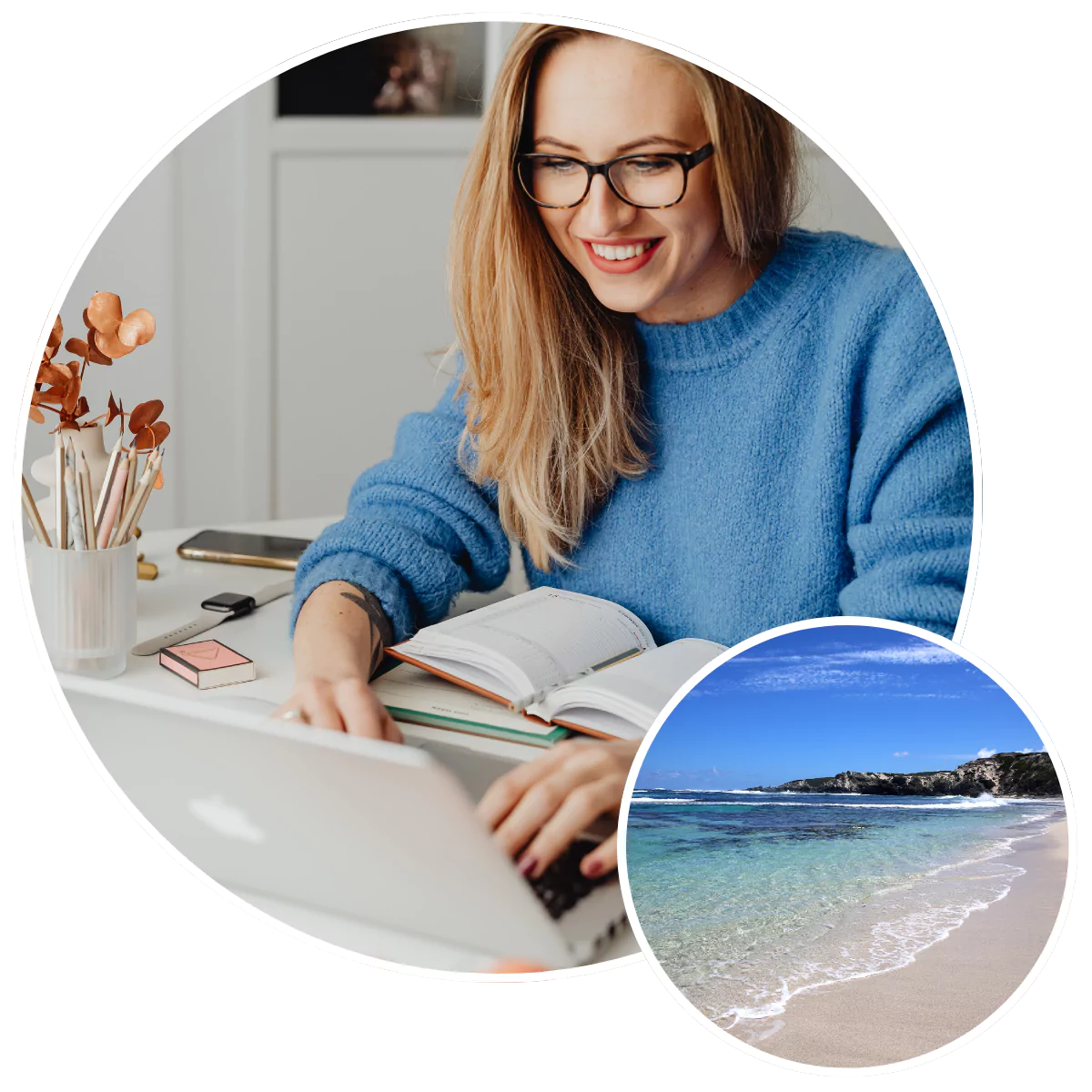 Happy woman sitting at desk and making an NDIS referral