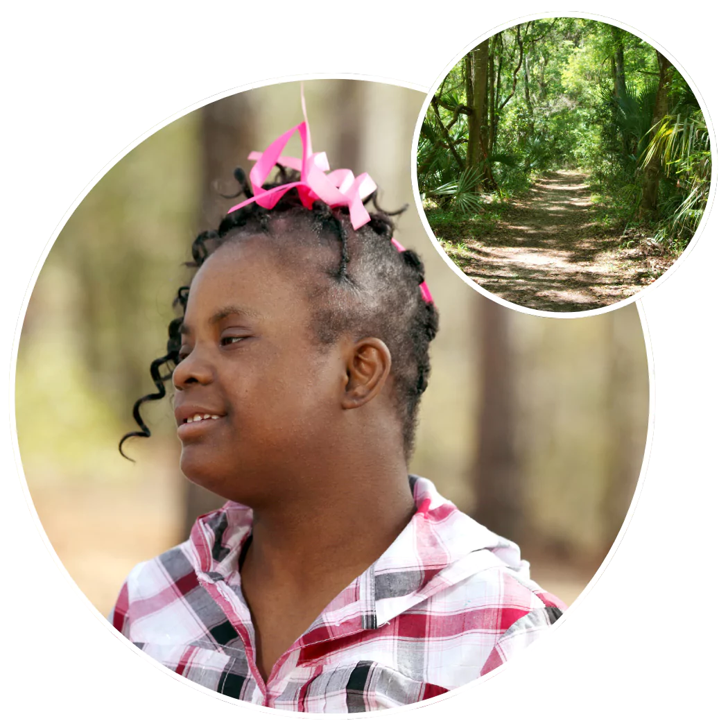 Disabled woman smiling and looking past camera
